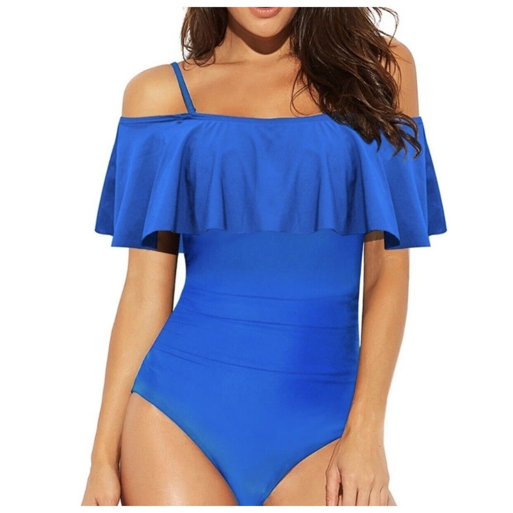 Brand New Funnygirl Blue Ruffle One Piece Off Shoulder Swimsuit XL
